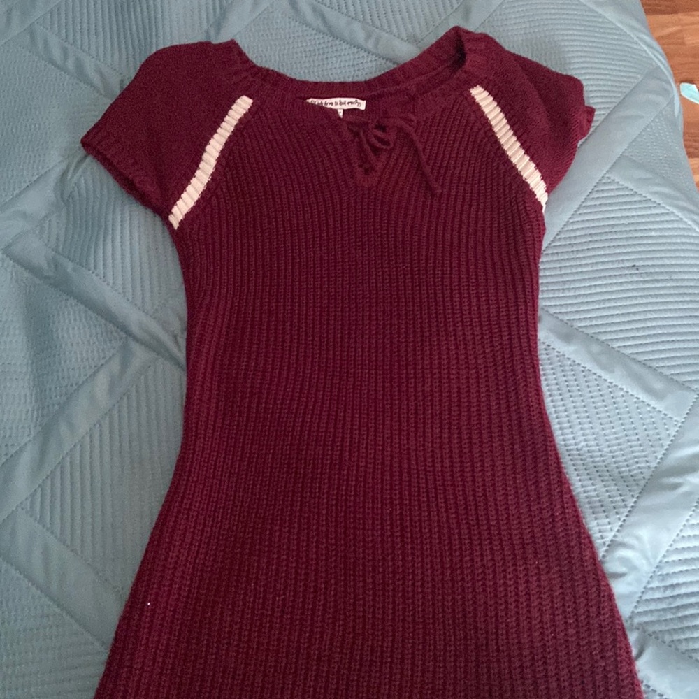 Short Sleeve Burgundy Sweater Dress